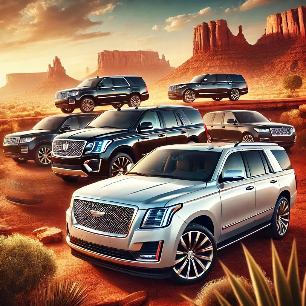 Premium Black Car Service Arizona SUVs at sunset